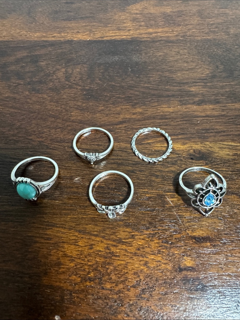 Silver Turquoise, Blue Gemstone, and Plain Ring Set of 5- Women Jewelry